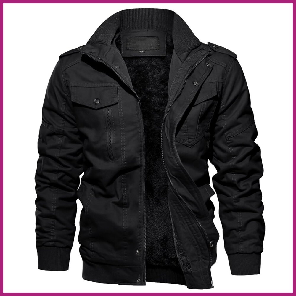 Men's Winter Jacket with Fleece Lining Multi-Pocket Cargo Work Coat